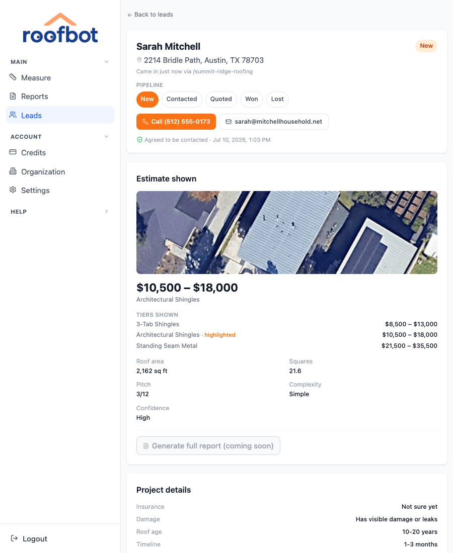 Lead detail in the RoofBot CRM
