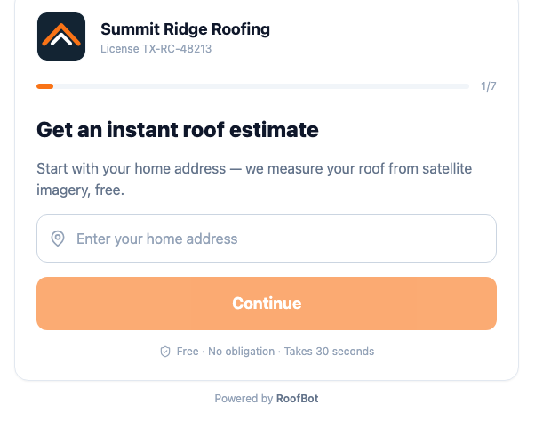 Instant roof estimate form embedded directly in a roofing company website